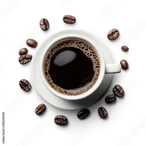 Dark coffee in white cup, coffee beans