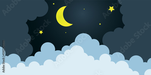 moon and stars in midnight .paper art style