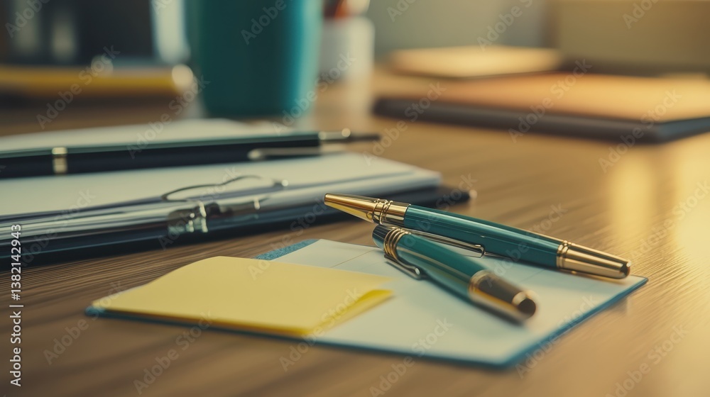 Stylish Desk Arrangement with Pens, Notepad, and Coffee Mug Stylish Desk Arrangement with Pens, Notepad, and Coffee Mug
