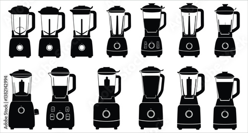Blender machine vector icons. Black silhouettes of kitchen blender icons. Set of black blender silhouettes vector art. Set various blender silhouettes vector design