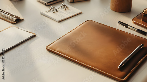 leather desk organizer with a high-quality pen, a notepad, and a set of paper clips, placed neatly on a light-colored desk 