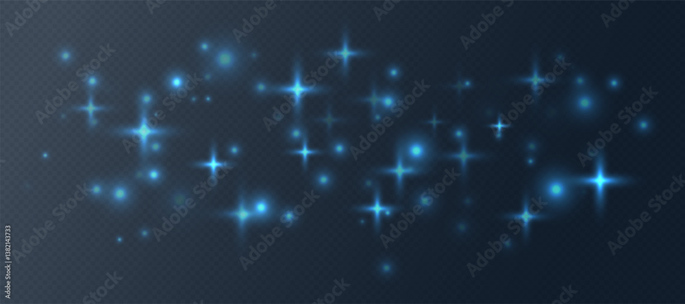 Blue sparkling stars, shiny particles light effect, transparent flying stardust texture, abstract twinkle Christmas decoration. Vector illustration.