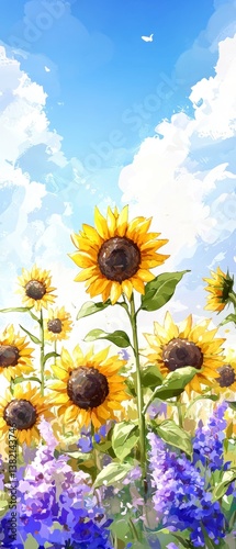 Sunflowers and Lavender under a Summer Sky
