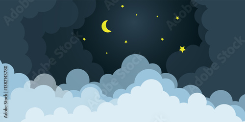 moon and stars in midnight .paper art style