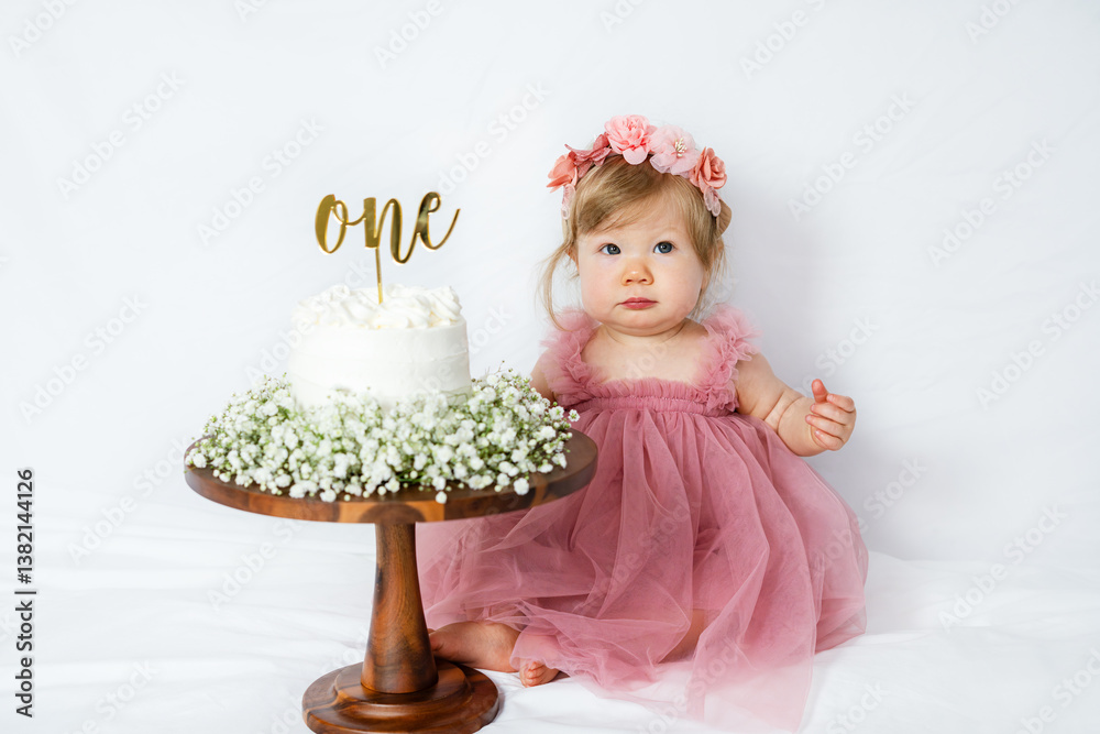 Fototapeta premium Adorable baby girl's first birthday cake smash moment in a dreamy pink tulle dress with a flower crown. She sits beside a white frosted cake topped with 
