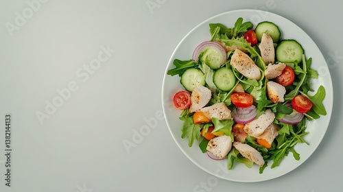 A table showing a plate filled with a delicious chicken salad made from mixed vegetables, cherry tomatoes, cucumber slices, red onion slices, and arugula leaves. Professional food display.
