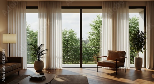 An elegant room with automatic solar shades, blackout curtains, and stylish wooden decor panels creates a modern yet inviting atmosphere
