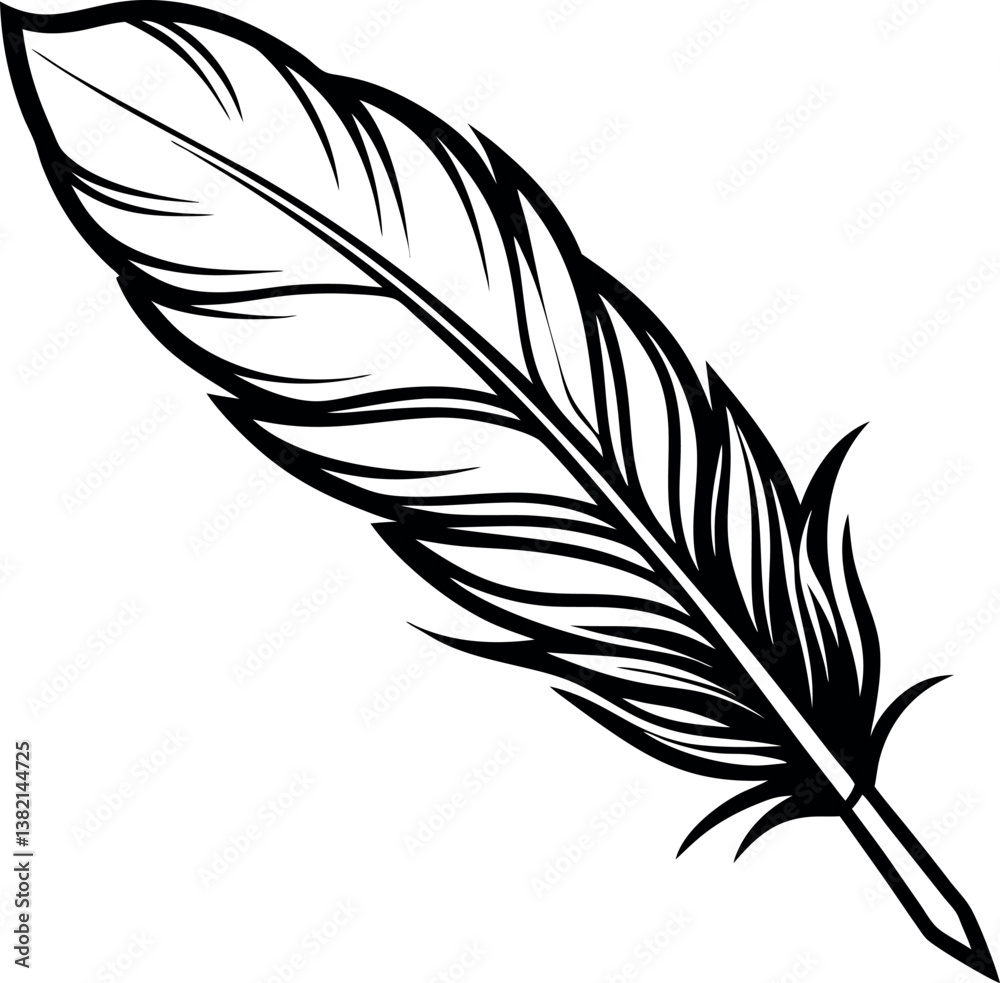 Fototapeta premium A Detailed Line Drawing of a vector silhouette Single Bird Feather with a Quill