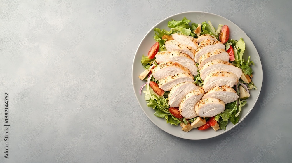A table showing a plate filled with a delicious chicken salad made from mixed vegetables, cherry tomatoes, cucumber slices, red onion slices, and arugula leaves. Professional food display. A table showing a plate filled with a delicious chicken salad made from mixed vegetables, cherry tomatoes, cucumber slices, red onion slices, and arugula leaves. Professional food display.