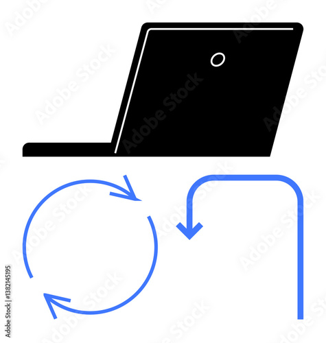 Laptop silhouette with blue circular and straight arrows below, representing concepts thumbs up process, repetition, direction, and action loops. Ideal for workflow, task automation, project