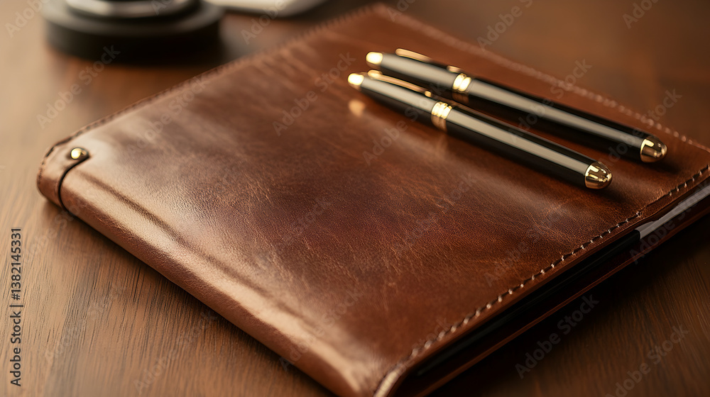of a leather office tray with a pen holder, notebook, and business cards, with a modern laptop in the background of a leather office tray with a pen holder, notebook, and business cards, with a modern laptop in the background
