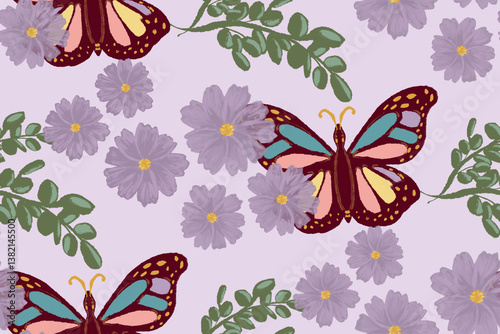 Butterfly floral botanical seamless pattern on purple 