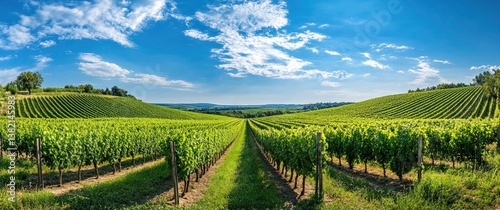 Fototapeta Naklejka Na Ścianę i Meble -  Exploring Vineyards Rows Under Blue Sky with Clouds on a Sunny Day