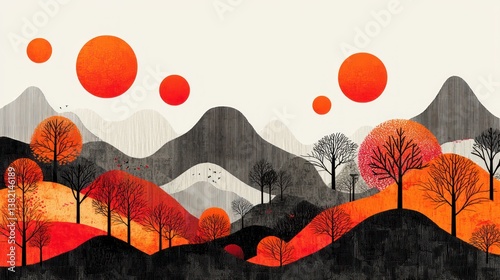 Autumnal landscape, abstract mountains and trees