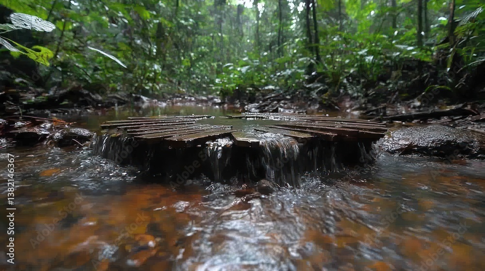 Fototapeta premium Rainforest stream flowing over log