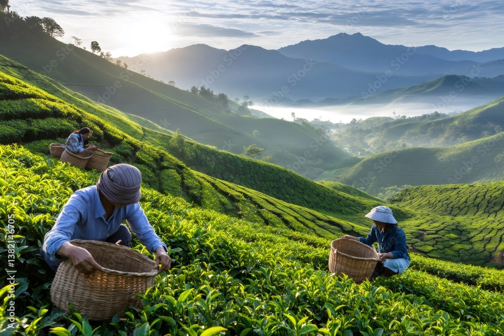 Tea farmers harvesting tea leaves in a beautiful sunrise landscape