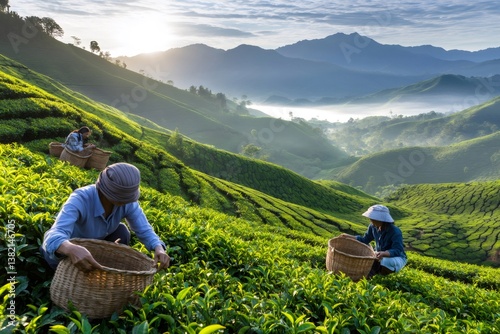 Obraz na płótnie Tea farmers harvesting tea leaves in a beautiful sunrise landscape w salonie
