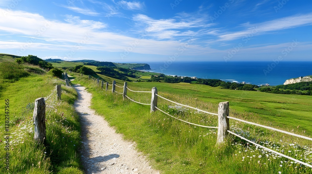 Fototapeta premium Scenic hiking trail descending to the sea through green fields in Normandy, France