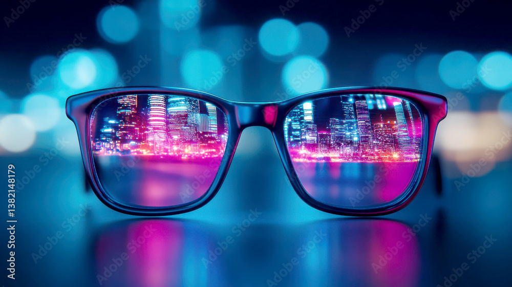 Stylish glasses reflecting a vibrant city skyline at night. Stylish glasses reflecting a vibrant city skyline at night.