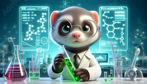Curious Ferret Scientist with a Test Tube. Cartoon Illustration