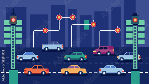 A gridlocked highway with datacontrolled traffic lights and predictive algorithms optimizing the flow of cars for smoother traffic management.. Vector illustration