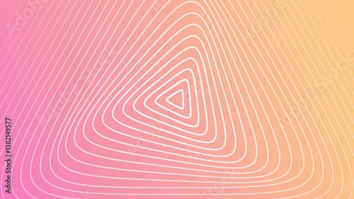 Twisted concentric triangular lines expanding on gradient video background blending pink, orange, yellow colors for modern, dynamic, geometric animation motion design