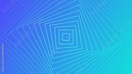 Geometric animation features rotating squares creating optical hypnotic illusion effect on blue gradient video background for dynamic, modern, colorful motion design