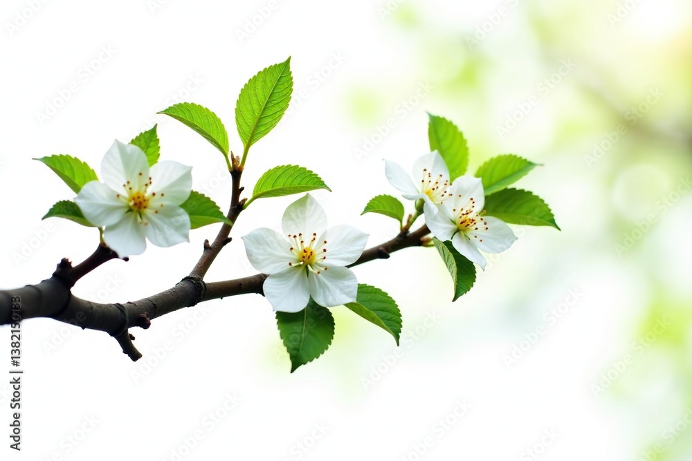 Obraz premium Leafy branches with delicate flowers isolated on white background, tree, simplicity
