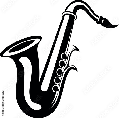 A Black and White Illustration vector silhouette of a Saxophone Musical Instrument