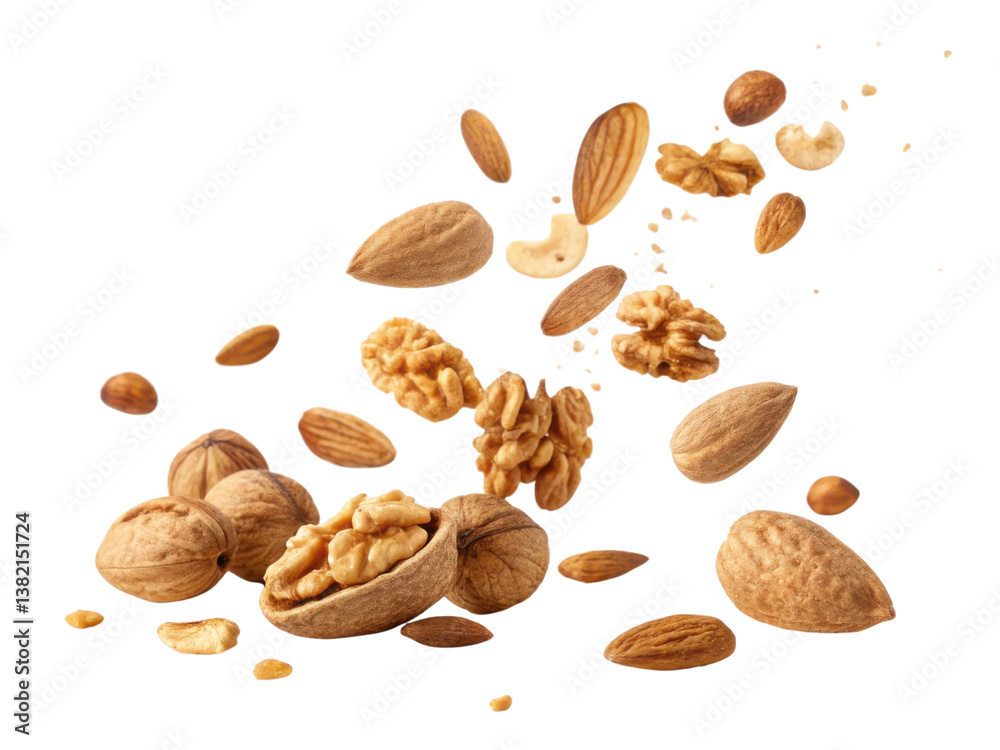Nuts in various forms, including whole and shelled, create dynamic and healthy display, showcasing their natural textures and colors Nuts in various forms, including whole and shelled, create dynamic and healthy display, showcasing their natural textures and colors