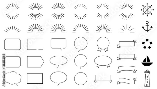 サンバーストとマリンモチーフとフレームのイラストセット