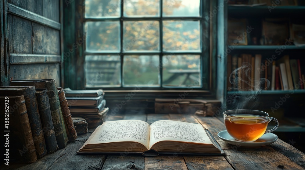 Open book, tea, window, bookshelves Open book, tea, window, bookshelves