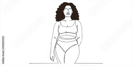Body positivity woman continuous single line art drawing sketch on white background