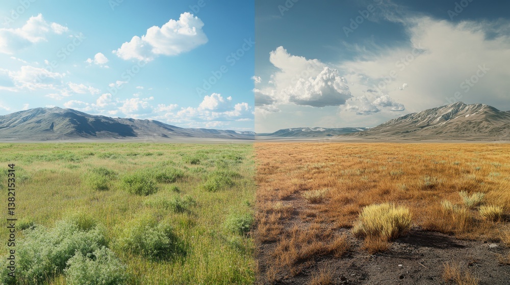 A side-by-side comparison of environmental change, with a lush field merging into a dry wasteland A side-by-side comparison of environmental change, with a lush field merging into a dry wasteland