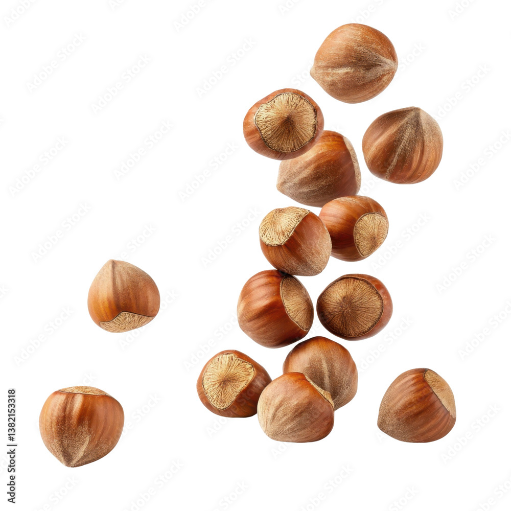 Fresh hazelnuts scattered on transparency background, showcasing their rich brown color and smooth texture, perfect for culinary use or snacking Fresh hazelnuts scattered on transparency background, showcasing their rich brown color and smooth texture, perfect for culinary use or snacking