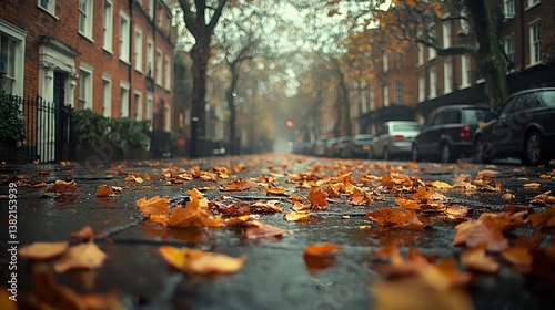 Autumn rain street scene