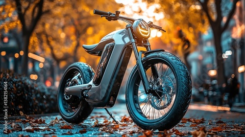 Futuristic electric motorcycle in autumnal city setting