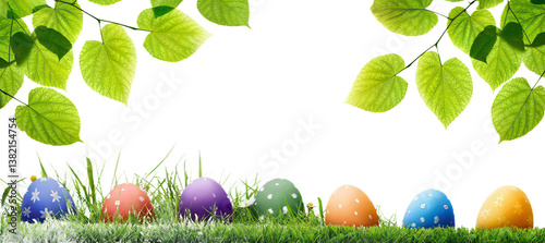 A collection of painted easter eggs under bright green tree leaves celebrating a Happy Easter in spring with green short cut meadow grass against an isolated transparent background.