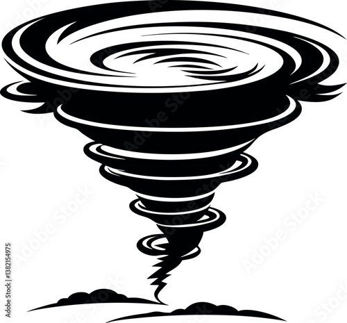 A Powerful Black and White vector silhouette Illustration of a Tornado Touching Down