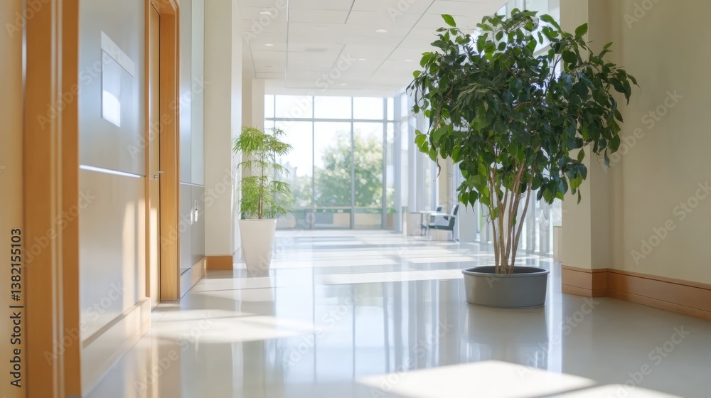 Fototapeta premium Bright office corridor with blurred door and plants modern workspace indoor environment perspective