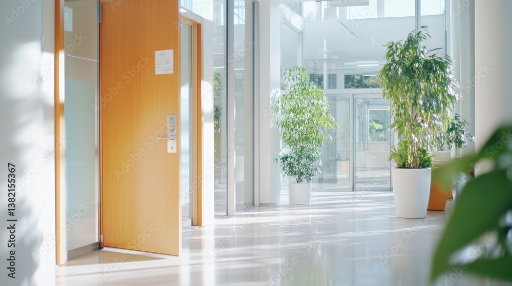 Bright light-filled modern office interior with blurred door and standard scale workspace Bright light-filled modern office interior with blurred door and standard scale workspace