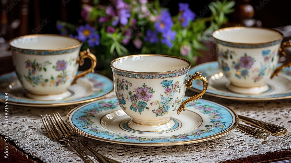 Fototapeta premium Vintage teacups and saucers with floral design
