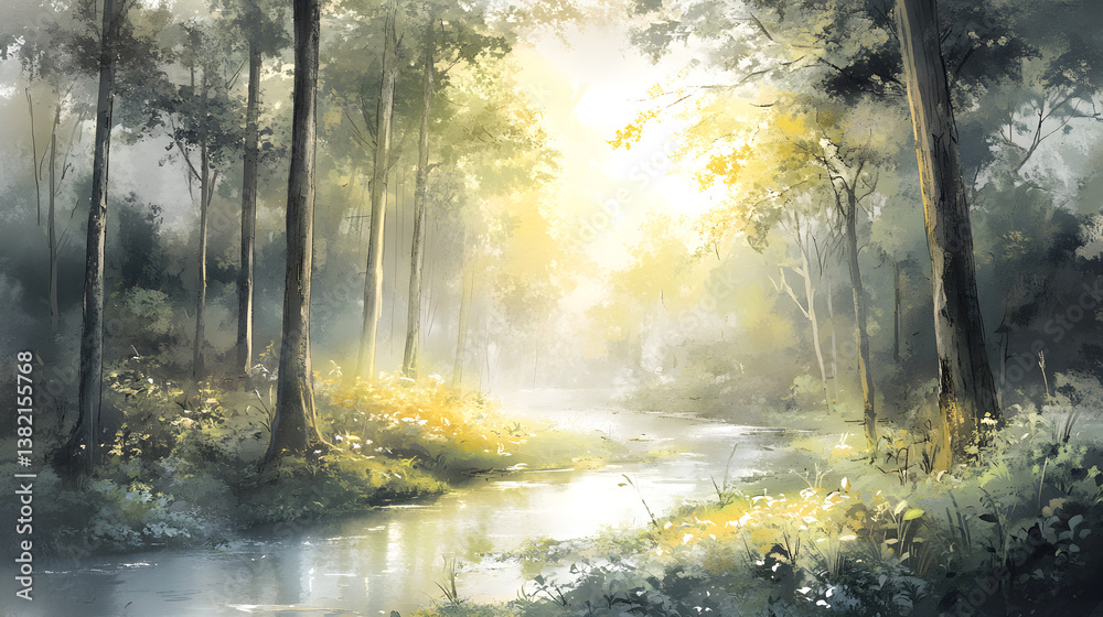 Fototapeta premium Sunrise Serenity: A Tranquil Watercolor Forest Illuminated by Dawn's Gentle Glow