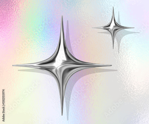 Abstract holographic background with iridescent colors and shiny star shapes on a glass-like surface. Great for futuristic, digital, or trendy graphic designs and backgrounds.