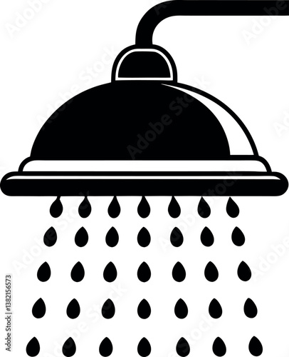A simple black and white illustration of a shower head vector silhouette with water droplets flowing from it showing a refreshing shower experience