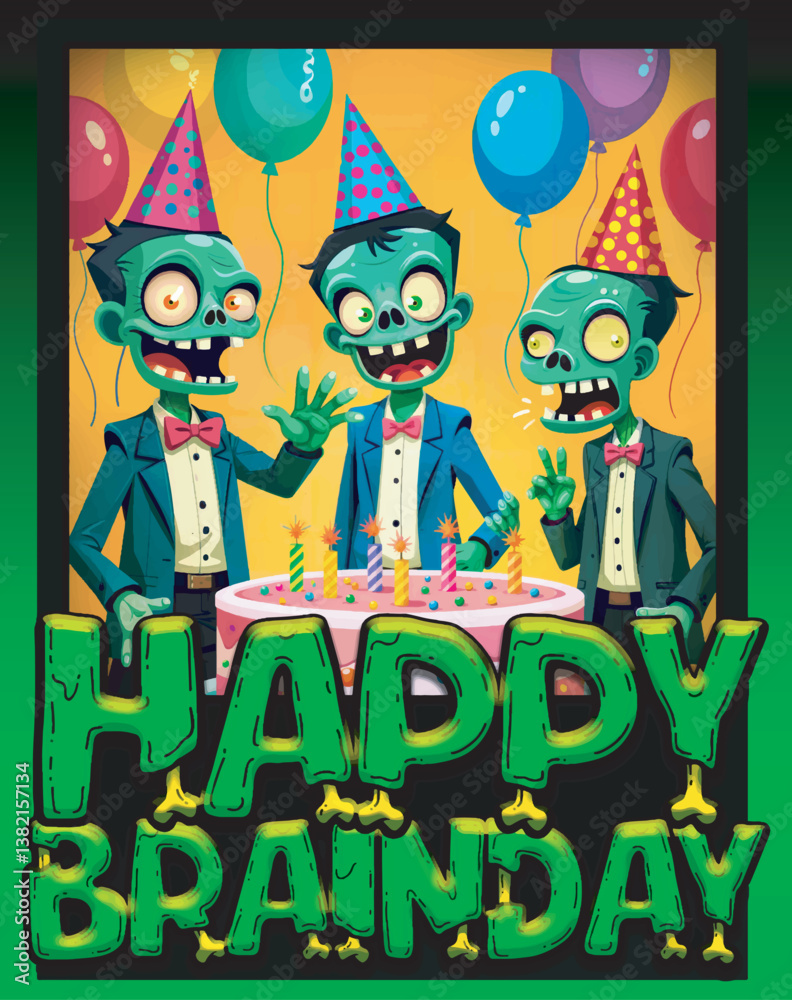 Obraz premium Happy Brainday! Zombie Party with Cake. Three zombies with hats celebrate their 