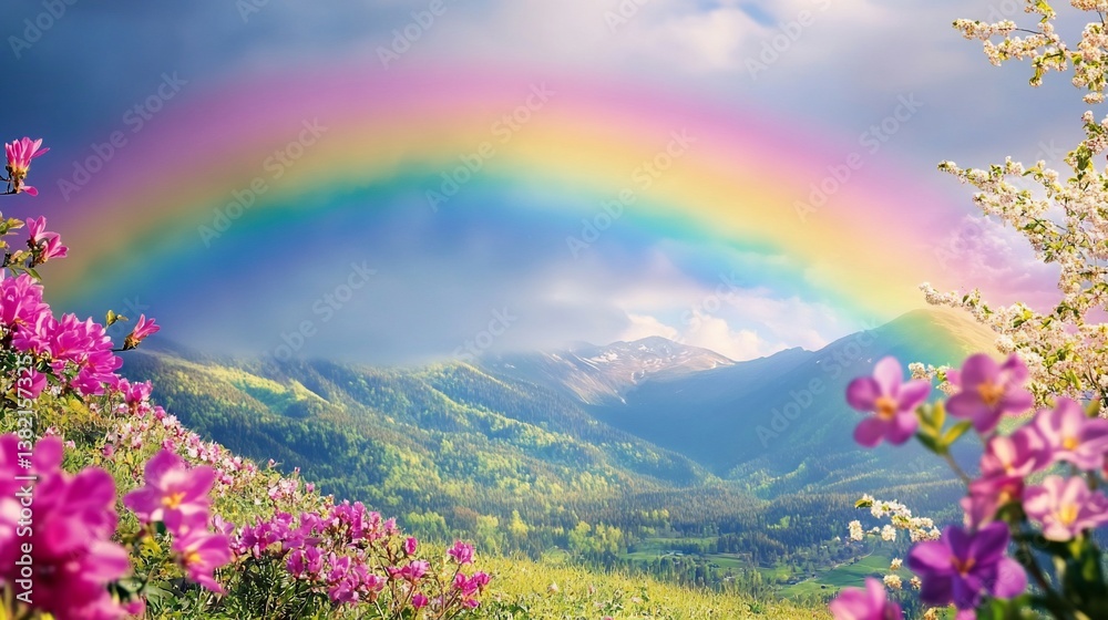 Obraz premium Vibrant Rainbow Over Serene Mountain Valley with Blooming Spring Flowers