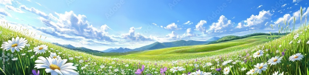 Panoramic view of a field with white daisies and purple flowers, green grass in the background, and a blue sky with clouds. Panoramic view of a field with white daisies and purple flowers, green grass in the background, and a blue sky with clouds.