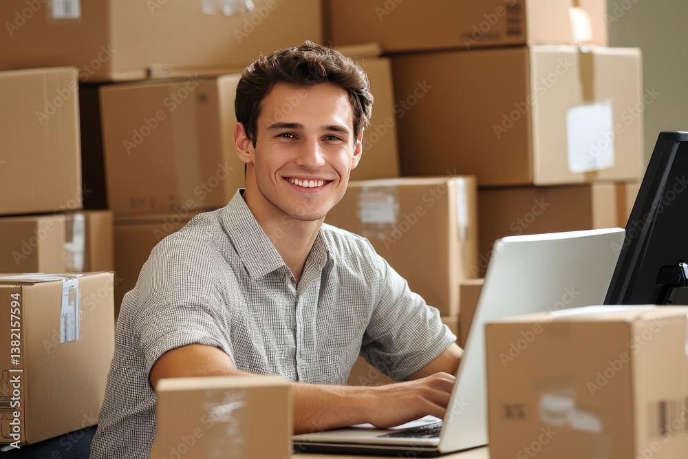 Handsome young man, smiling businessman is sitting at his desk in the office, surrounded by working on an online store, ready to ship goods for customers throughout the country Handsome young man, smiling businessman is sitting at his desk in the office, surrounded by working on an online store, ready to ship goods for customers throughout the country