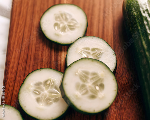 Fresh Cucumber Slices on Wooden Board